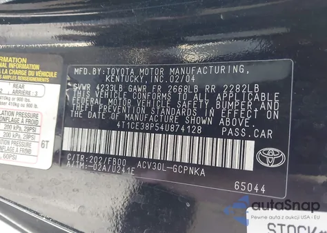 2004 Toyota Camry Solara Se z USA, uszkodzony, nr VIN 4T1CE38P54U874128